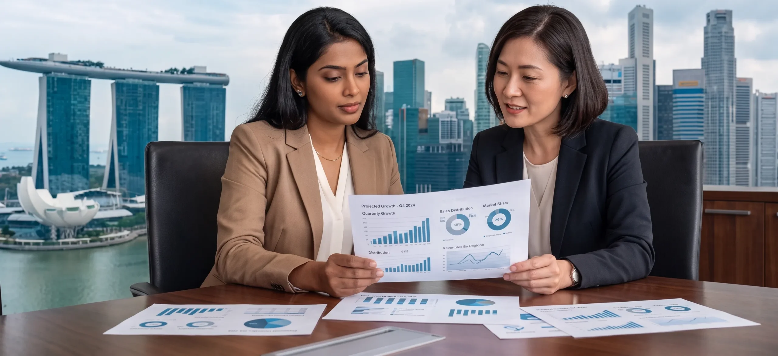 Two diverse business professionals reviewing Singapore compliance documents together