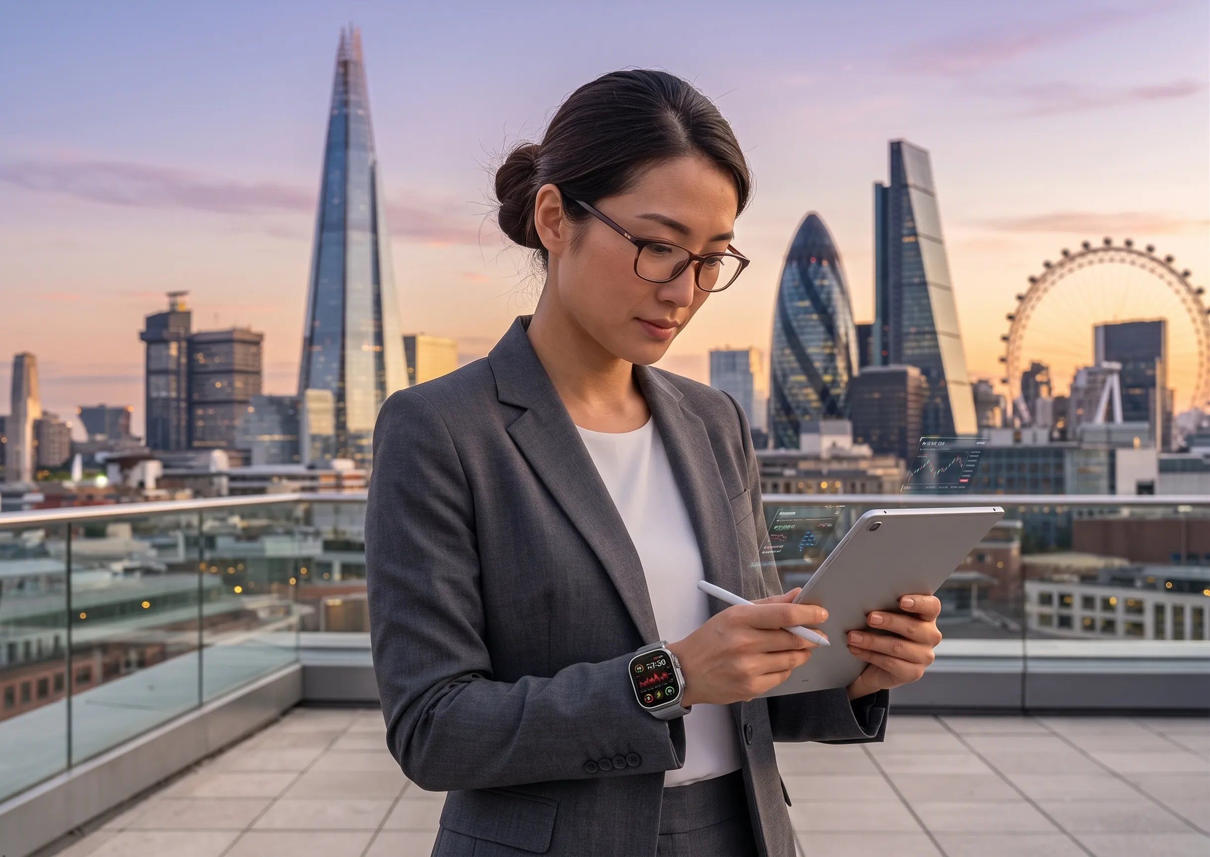 Female business owner reviewing digital reports in modern Singapore office