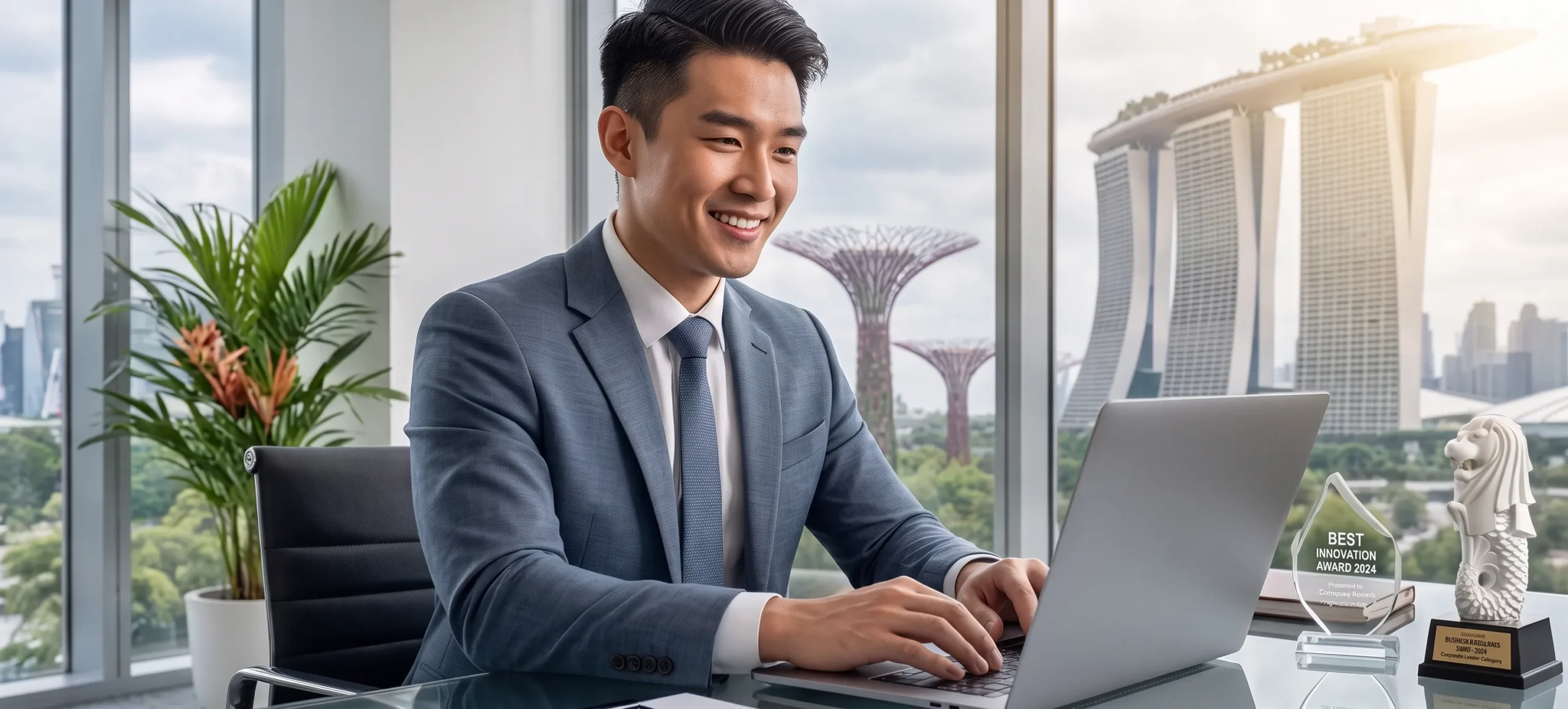 Young entrepreneur filling online company registration form on laptop in modern Singapore office
